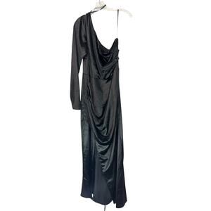 Long Tall Sally Dress Black Satin Ruched Formal Evening Maxi Gown Size 14/16